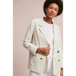 Anthropologie Cartonnier Sz L Cream Relax Striped Cotton Double Breasted Blazer